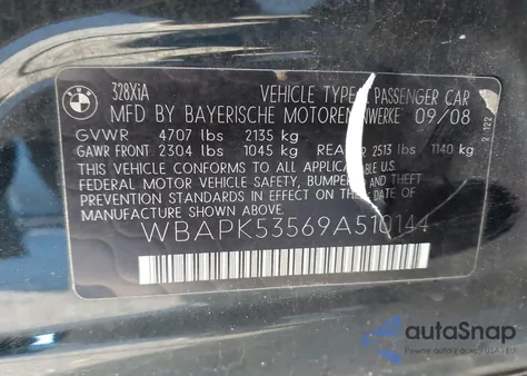 2009 BMW 328I xDrive z USA, uszkodzony, nr VIN WBAPK53569A510144